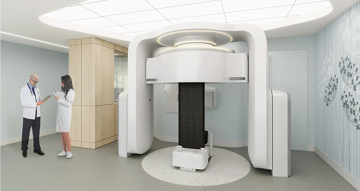A rendering of a new radiation therapy device, developed by Middleton-based Leo Cancer Care, that allows patients to get radiation while sitting upright.