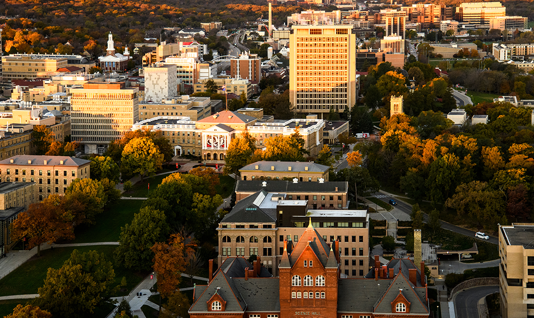 Aerial view of Bascom Hall and the UW–Madison campus