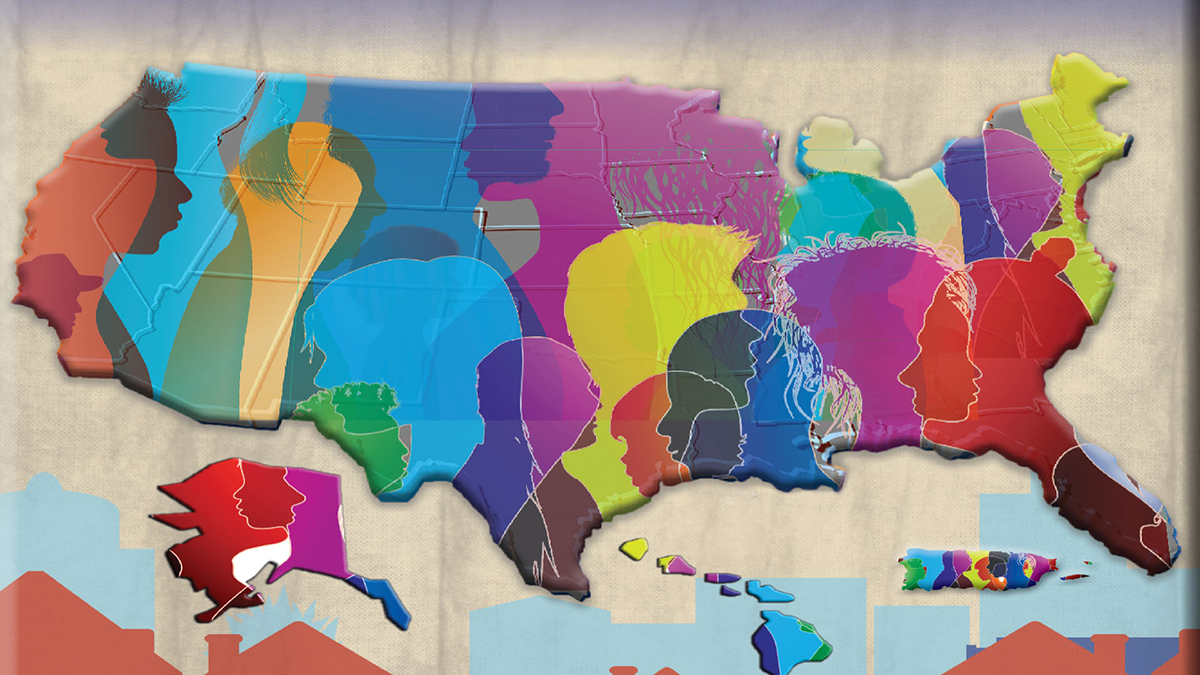 US map with multi-color faces embedded within it.