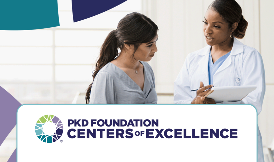 Image of a patient and physician talking with the "PKD Foundation Centers of Excellence" logo over the top.
