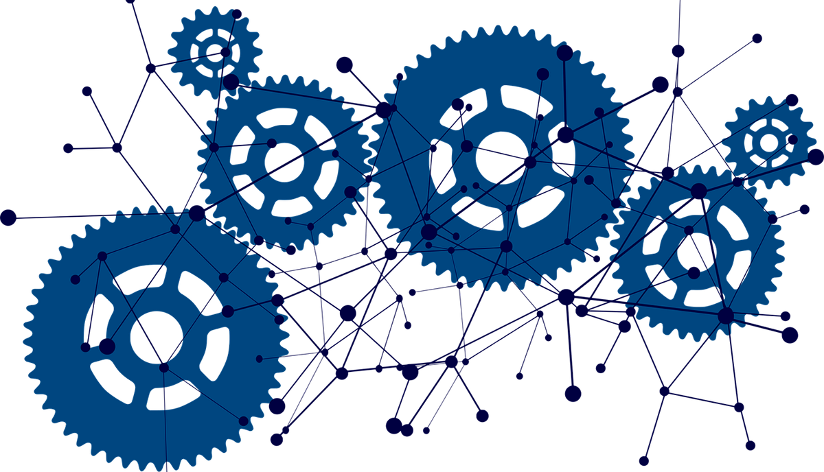 Graphic of gears on top of a network.