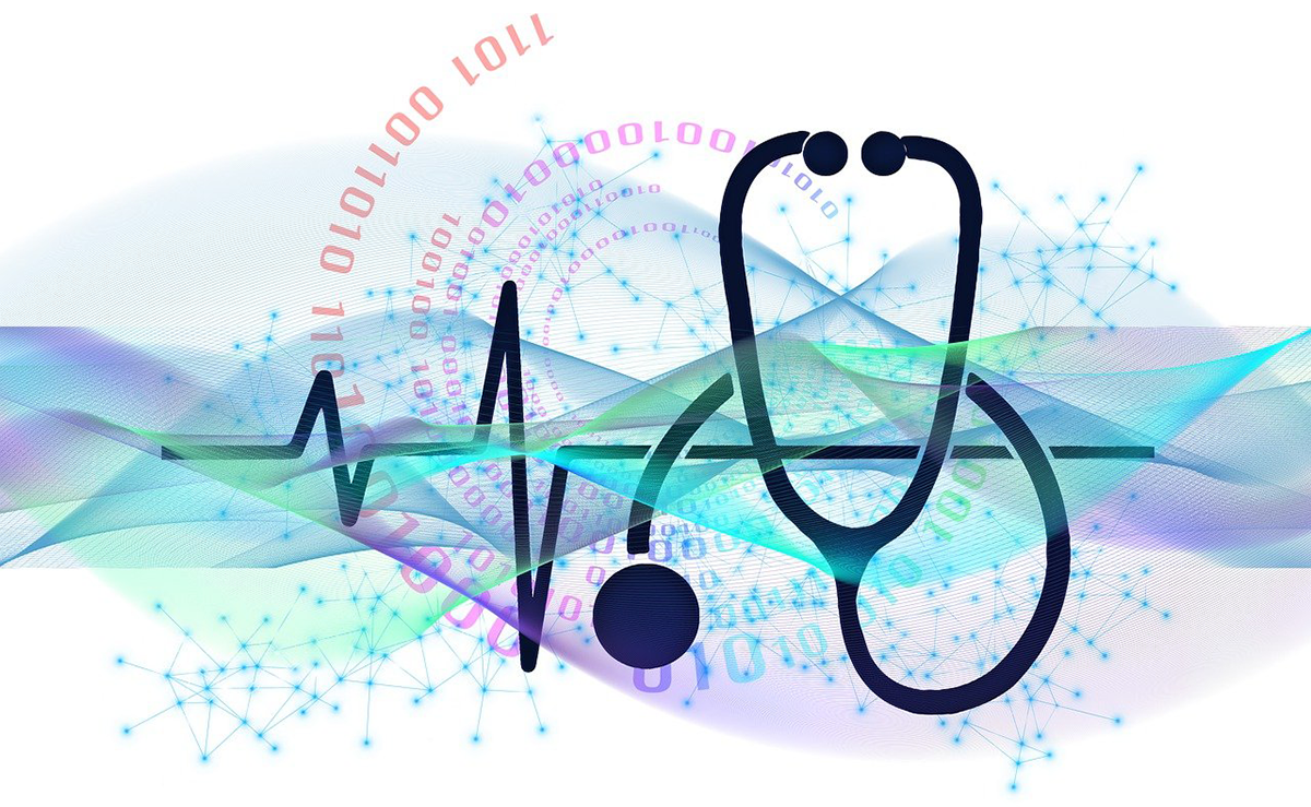 Graphic of a stethoscope on top of a digital network.