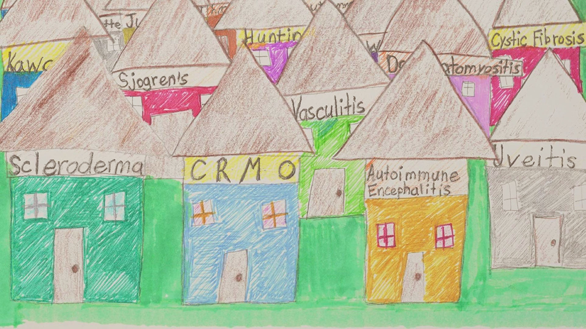 Child's drawing of houses with names of rare diseases listed on them.