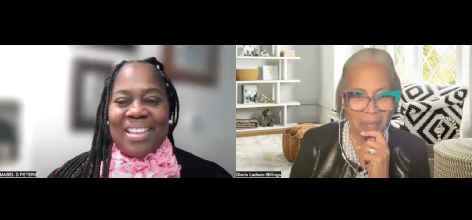 Mabel Peters and Gloria Ladson-Billings during a virtual interview.