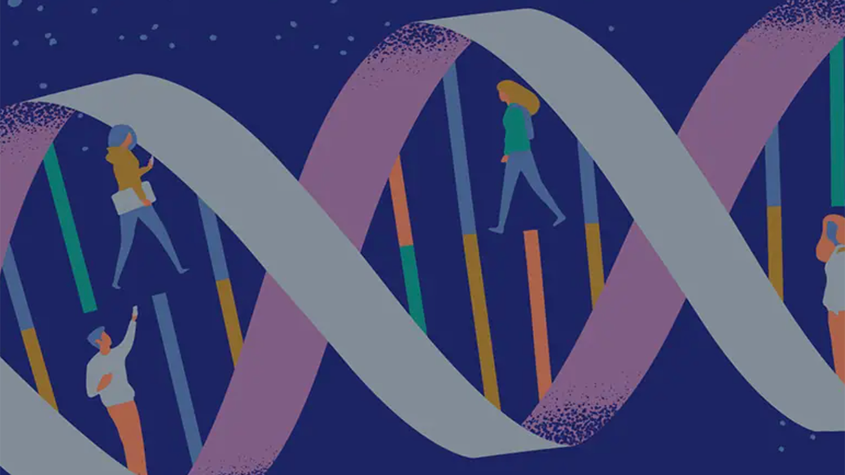 Illustration of a DNA strand with people walking within the strand.