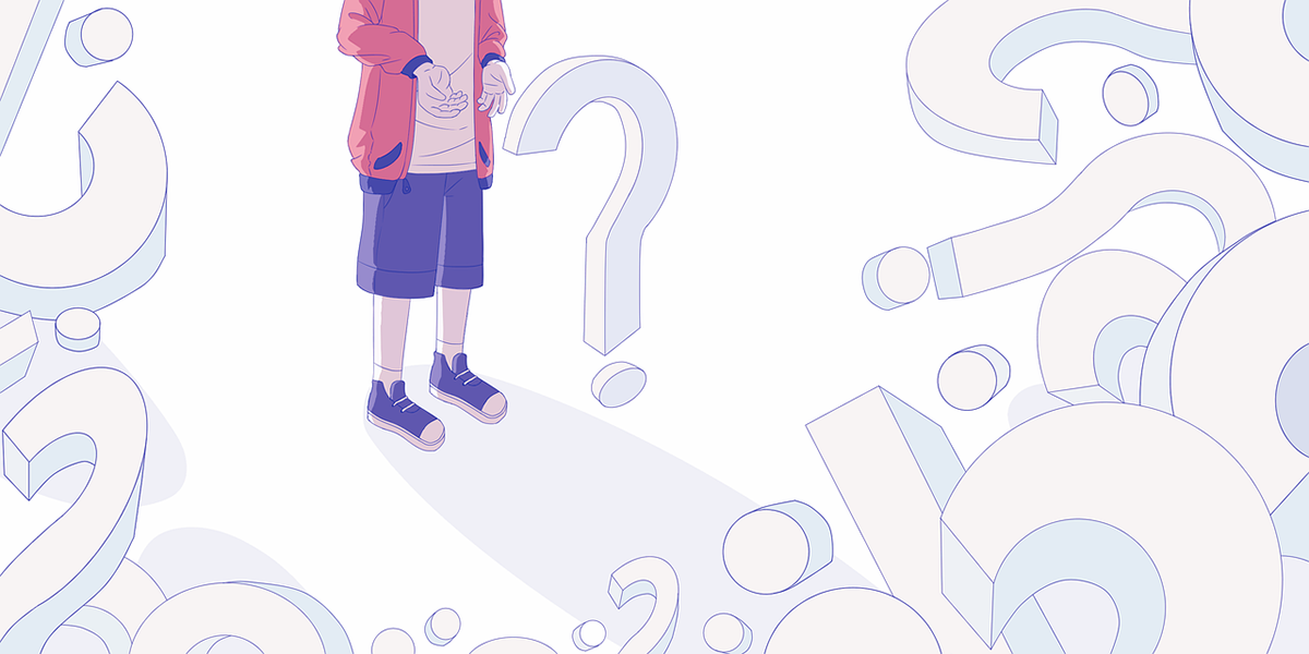 Illustration of a person standing in front of several question marks.