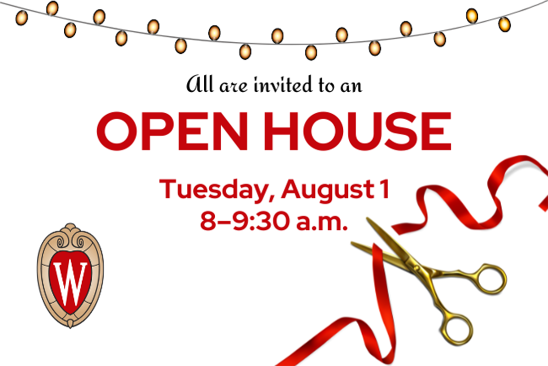 Open House promotional graphic with the UW crest and scissors cutting a red ribbon.