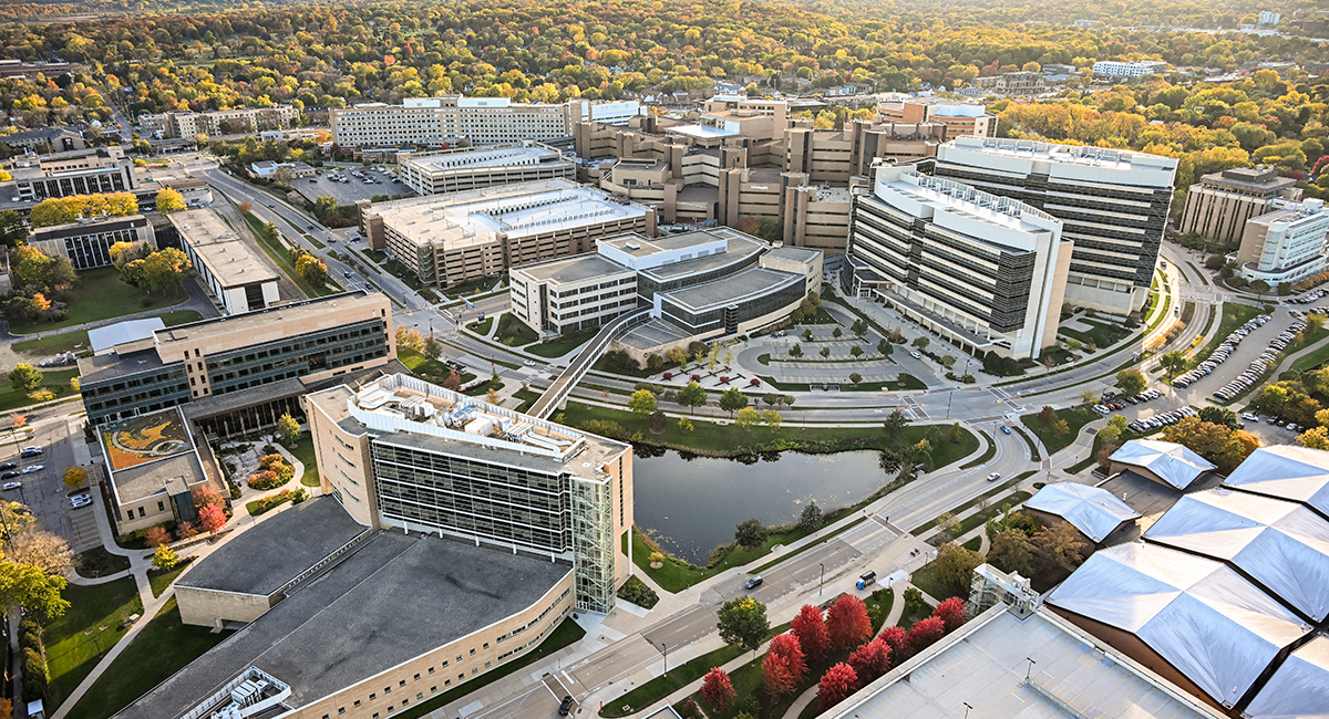 Aerial view of the UW–Madison health sciences campus.